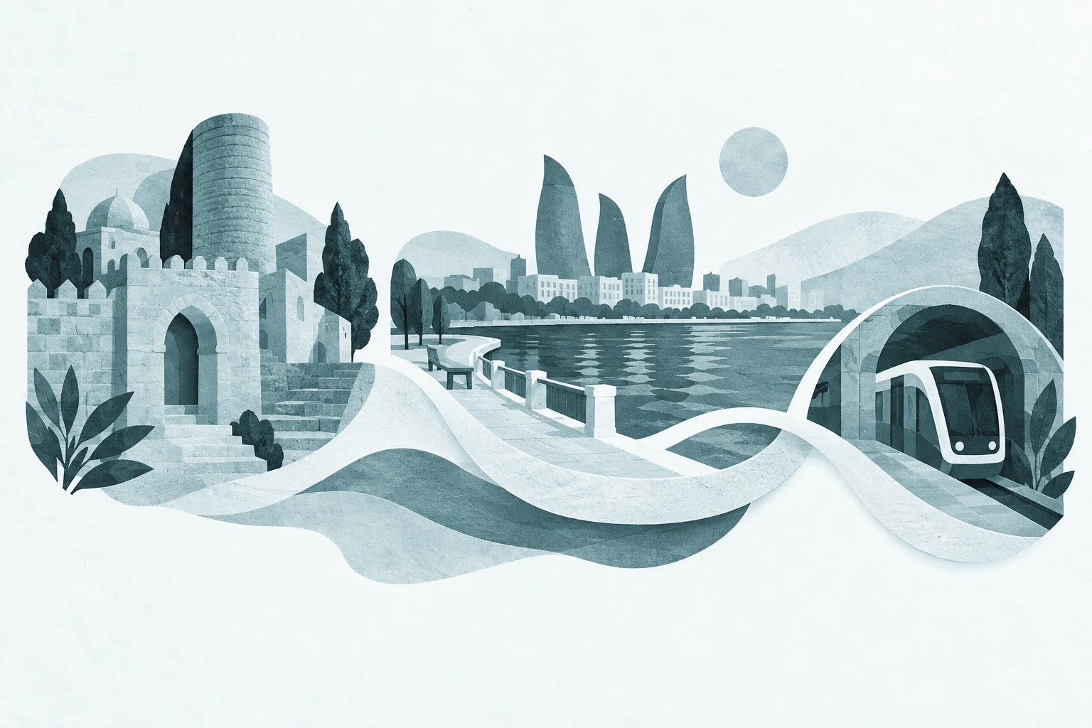 Beauty Azerbaijan 2026 üçün konseptual redaksiya illüstrasiyası: gözəllik sənayesi sərgisi mövzusunda stilizə edilmiş kompozisiya, real foto deyil.