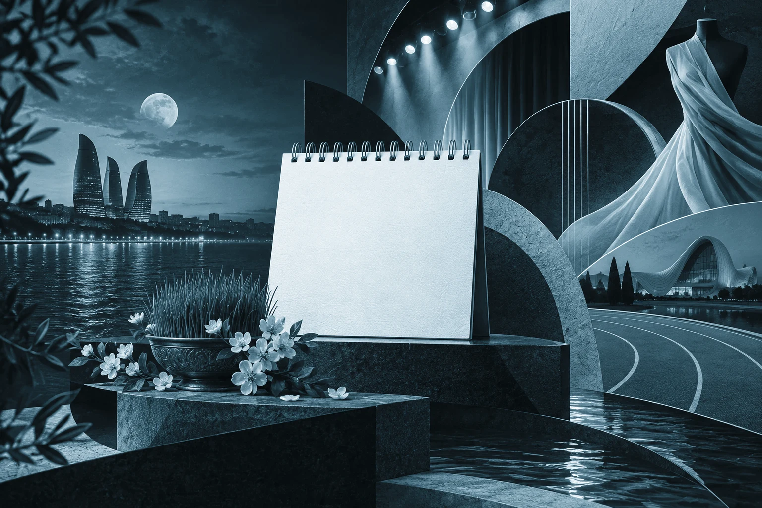 Conceptual editorial illustration of a business workday in Baku between meetings, showing abstract shapes suggesting a laptop, coffee cup and city skyline.