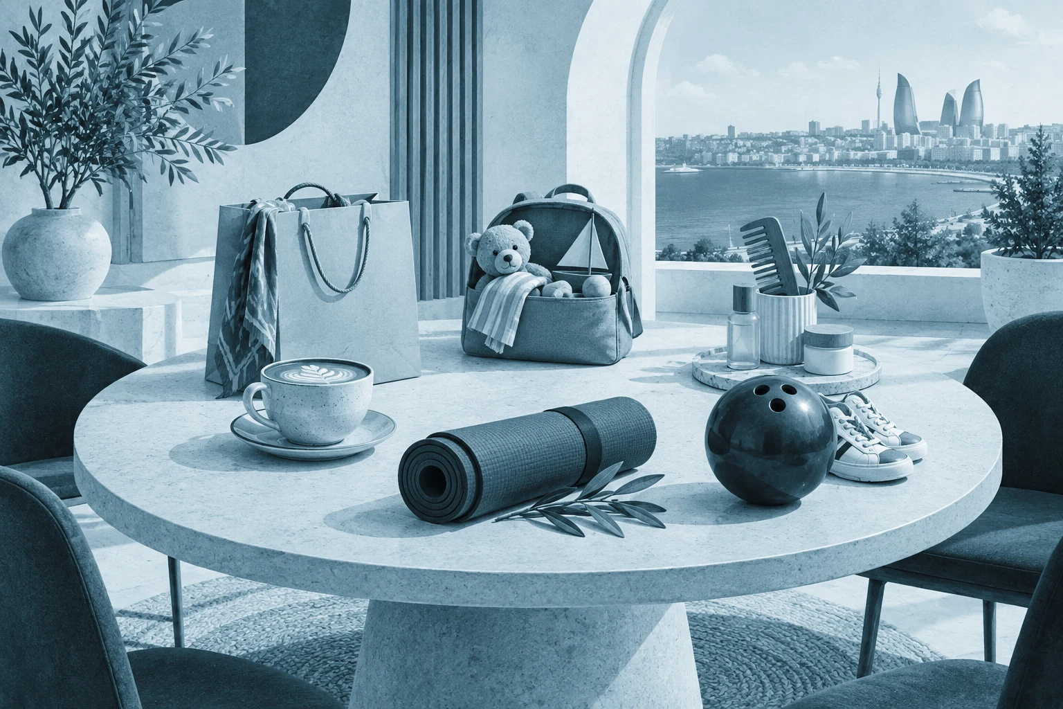Conceptual editorial illustration for at-home beauty services in Baku, showing abstract beauty tools and a home setting without depicting a real provider or venue.