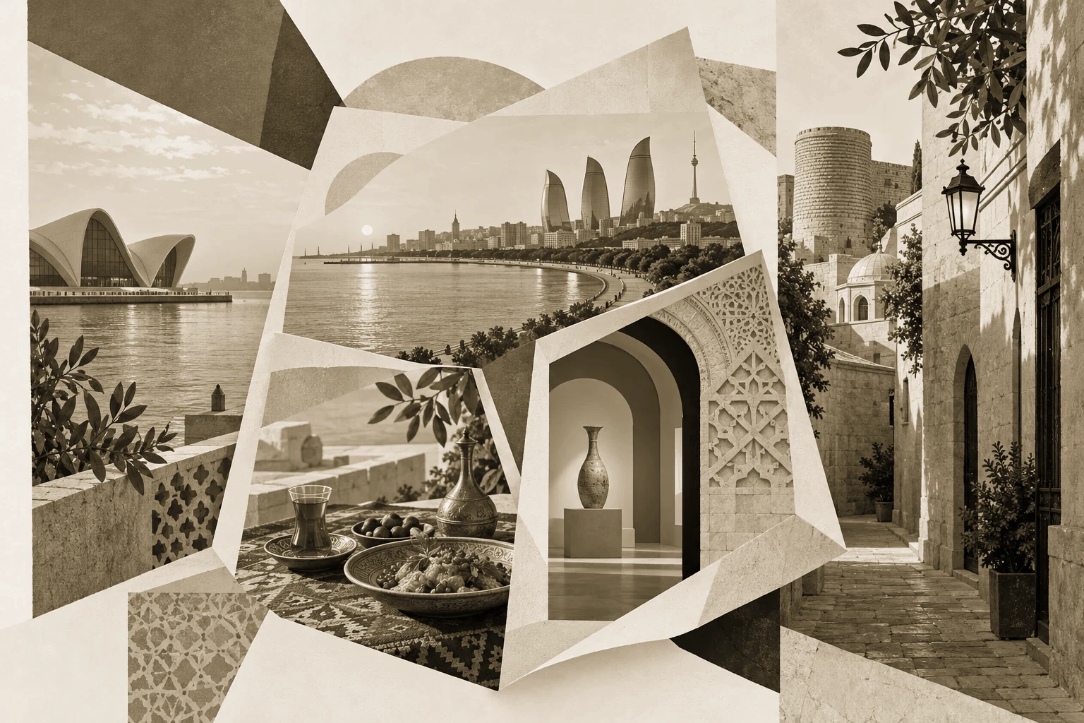 Conceptual editorial illustration of a Baku rooftop checklist, not a real photograph or venue view.
