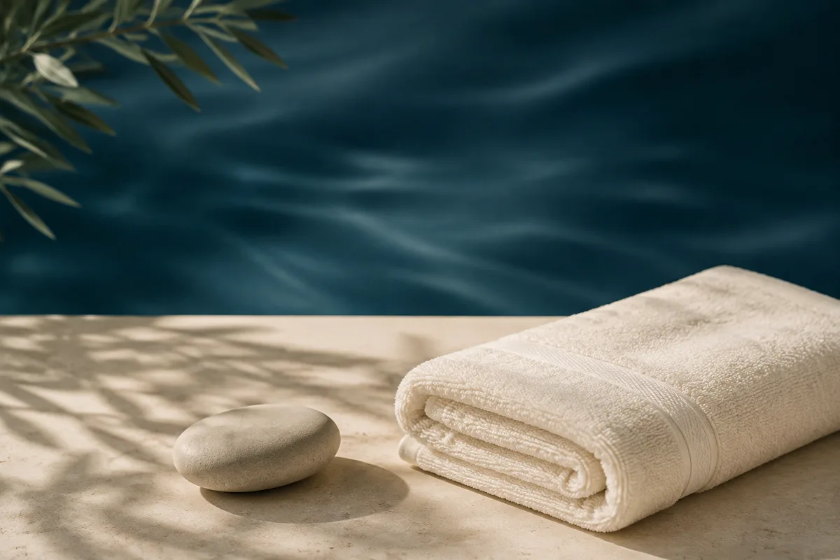 Fiblo editorial illustration of a quiet private-beach and pool setting; it is not a photograph of CaspiMayr