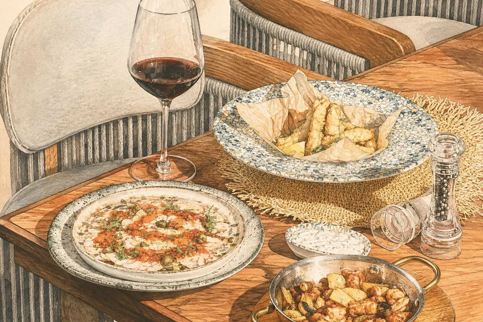 Bosfor Restaurant. Fiblo symbolic editorial illustration; not a photograph of the venue.