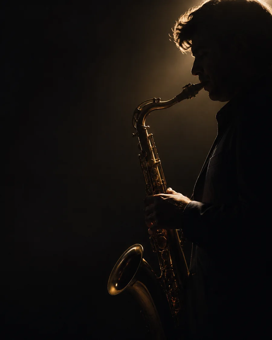 A saxophone player in soft evening light